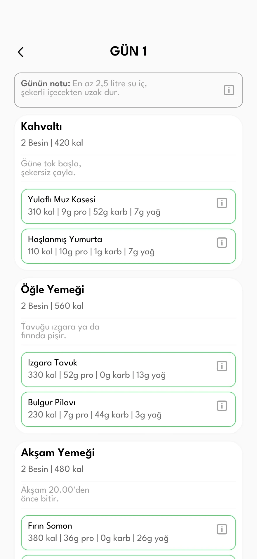 Danışanın günlük öğünleri