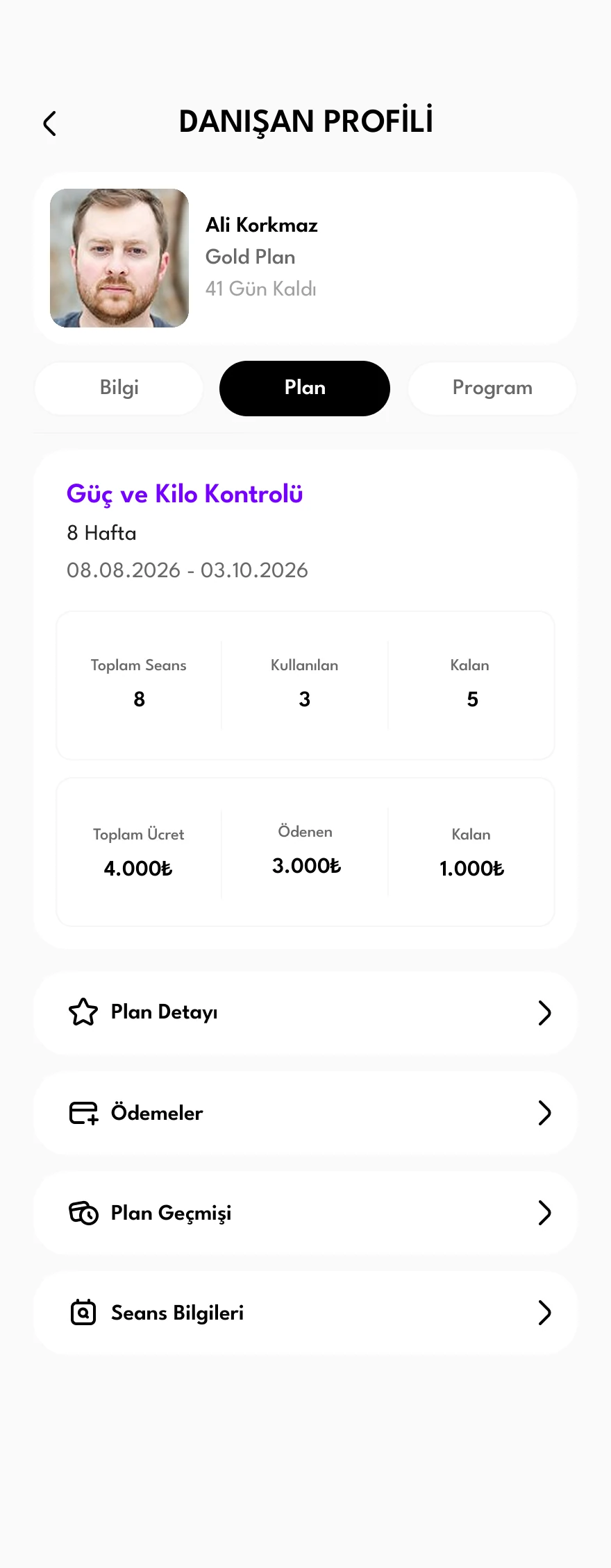 Danışan planı: seans ve ödeme özeti