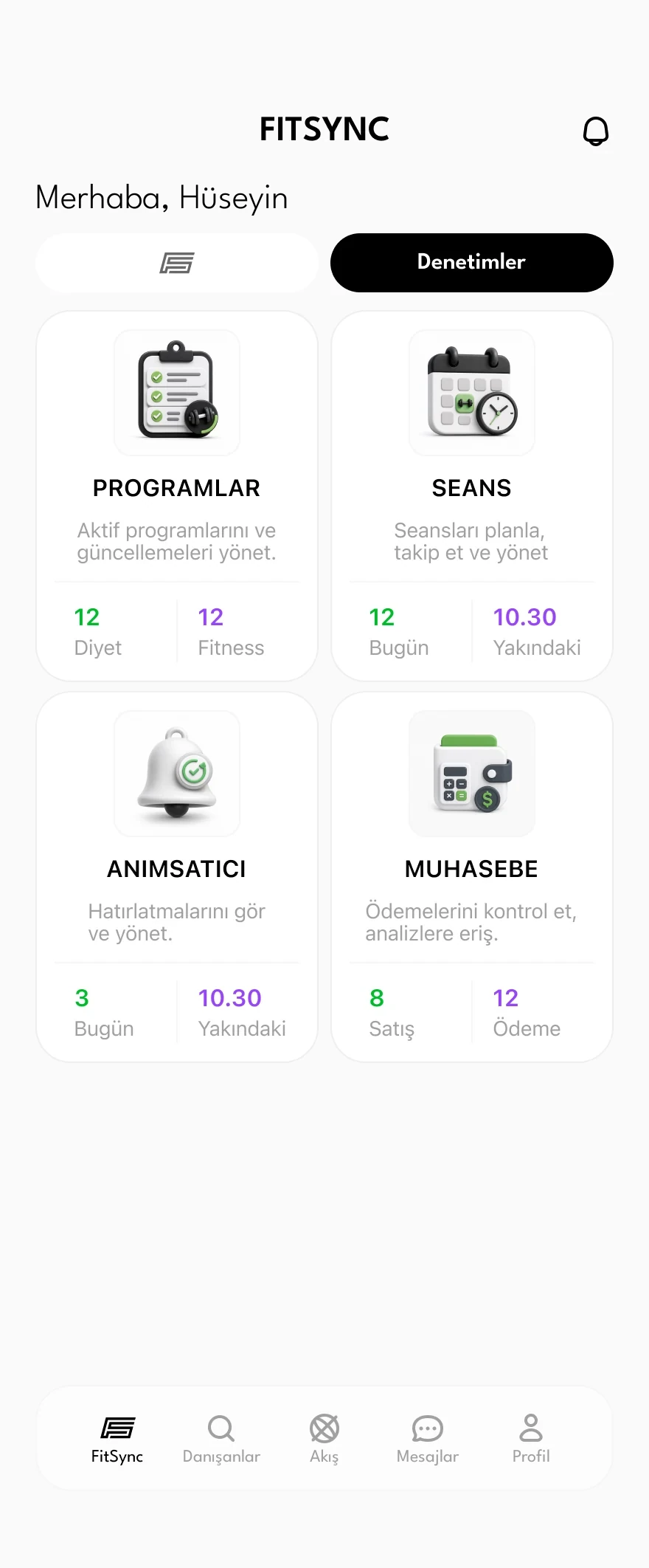 Uzman ana ekranı: programlar, seanslar, anımsatıcı ve muhasebe kartları