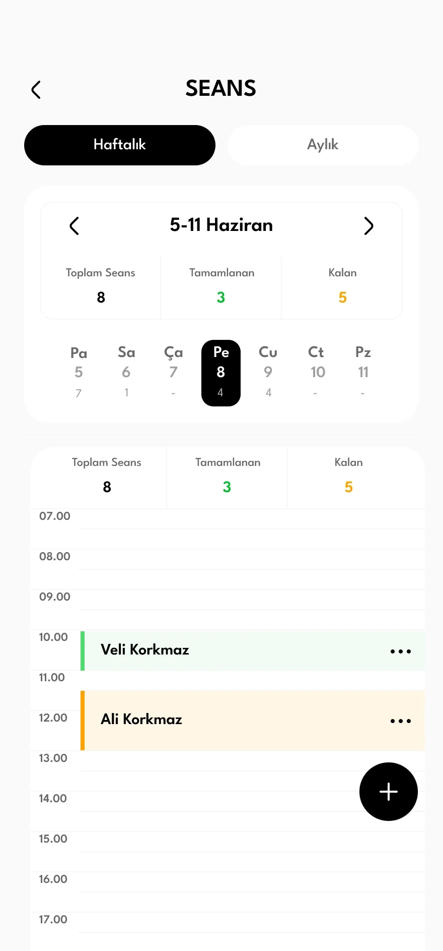 Haftalık seans takvimi
